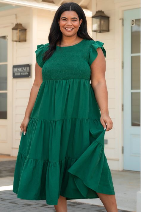 Chic Soul plus size clothing, forest green ruffle tiered midi dress with smocked bodice and flutter sleeves Plus Size Clothing Online, Chic Soul, Magical Night, Forest Green Color, Babydoll Style, Walk In The Park, Model Fits, Sweet Memories, Ruffle Sleeves