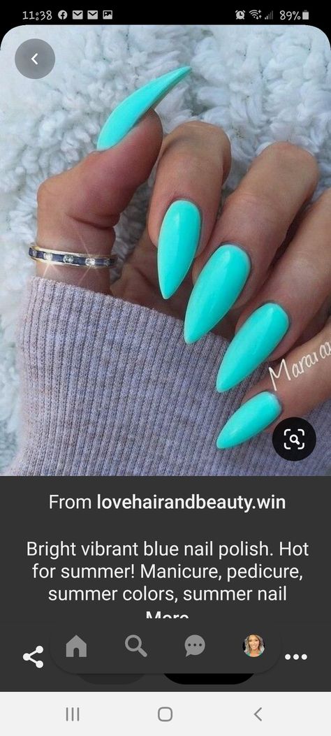 Neon Almond Nails Designs, Neon Blue Almond Nails, Cerulean Nails, Torquise Blue Color Nails, Teal Stiletto Nails, Turquoise Almond Nails, Neon Nail Ideas Summer Almond, Teal Almond Nails, Neon Blue Nails