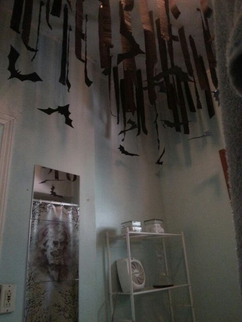 Black Streamers Halloween, Bat Cave Classroom Transformation, Halloween Restroom Decor, Bat Wall, Bat Cave, Classroom Transformation, Batman Party, Do Something Different, Restroom Decor