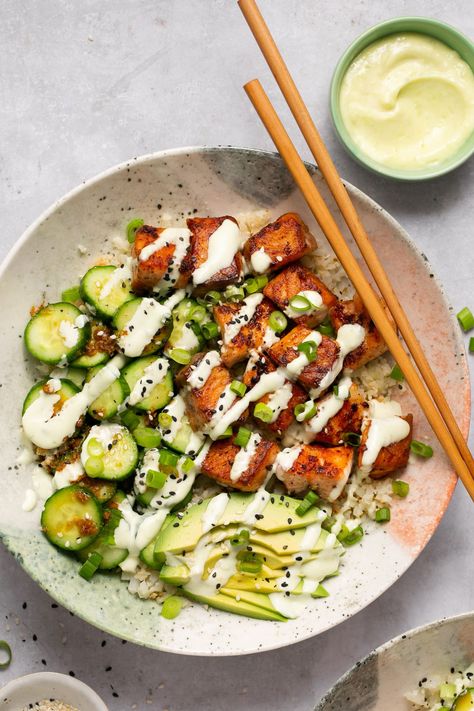 Salmon Bowls with Wasabi Mayonnaise | Every Last Bite Wasabi Recipes, Salmon Meatballs, Wasabi Sauce, Salmon Bowls, Miso Salmon, Salmon Rice Bowl, Healthy Bowls Recipes, Salmon Bowl, Salmon Avocado