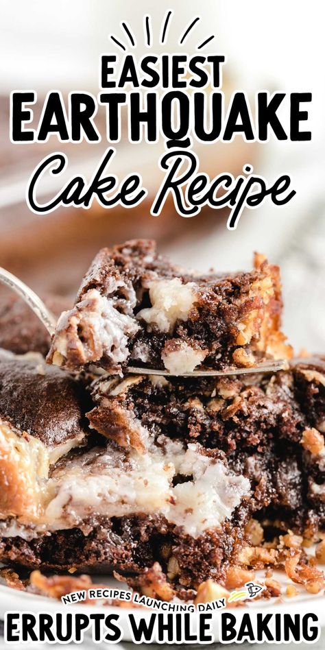 Earthquake cake features chocolate cake, coconut, and pecans with cream cheese tunnels that add explosions of creamy flavor to every bite. Cream Cheese And Cake Mix Desserts, Chocolate Cake Coconut, Earthquake Cake Recipe, Earthquake Cake Recipes, Earthquake Cake, Cake Coconut, Boxed Cake Mixes Recipes, Gooey Cake, Box Hacks