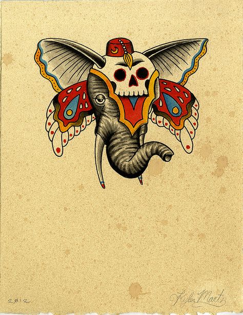 Untitled by Kyler Martz | Flickr - Photo Sharing! Traditional Tattoo Elephant, Kyler Martz, Traditonal Tattoo, Traditional Elephant, Moth Tattoo Design, Traditional Style Tattoo, Ancient Tattoo, Arm Band Tattoo, Warrior Tattoo