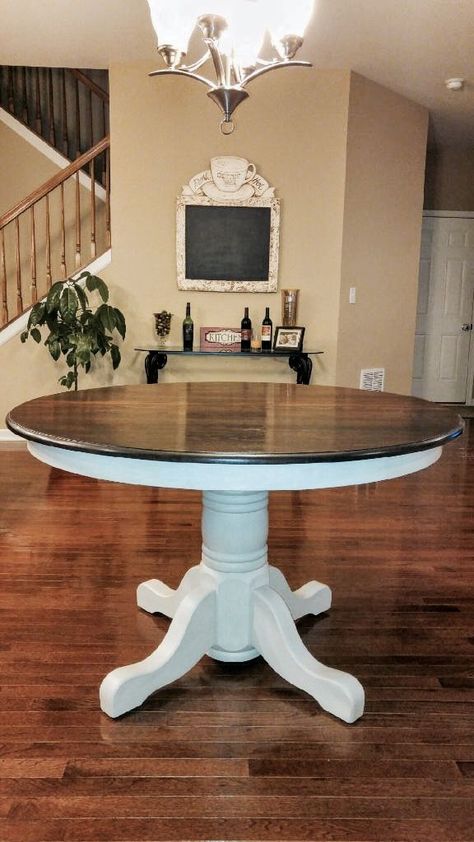 White Table Top Dark Base, Stained Table Top Painted Base, Round Dining Table Makeover, Stained Oak Table, Pedestal Table Makeover, Diy Round Dining Table, Kona Stain, Kitchen Table Oak, Table Redo