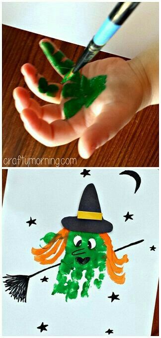 Witch hand Handprint Witch, Easy Halloween Diy Crafts, Diy Craft Ideas For Kids, Dekorasi Halloween, Halloween Art Projects, Kerajinan Diy, Halloween Crafts For Toddlers, October Crafts, Halloween Arts And Crafts