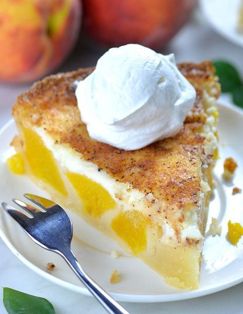 Piece of Peach and Cream Pie on a white plate garnished with whipped cream on top. Impossible Peach Pie, Best Peach Pie Recipe, Peaches And Cream Pie, Peach Blueberry Pie, Mini Peach Pies, Caramel Crumble, Peach Dumplings, Easy Peach Cobbler Recipe, Peach Pie Recipes