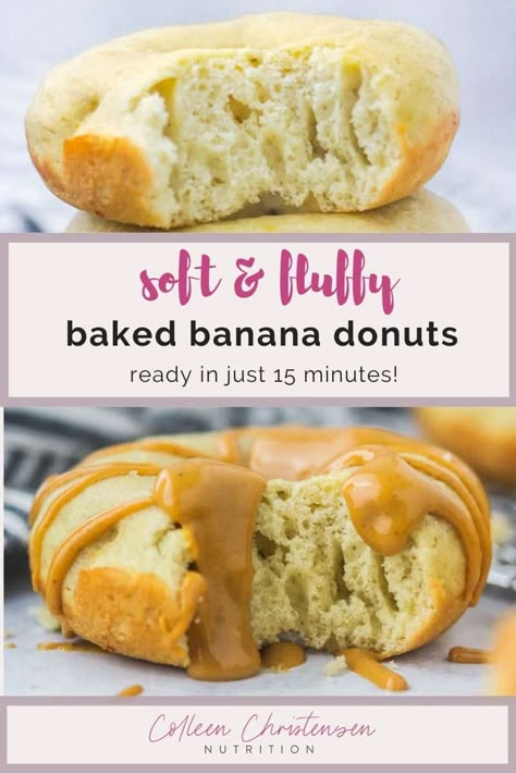 Perfectly soft and fluffy, these baked banana donuts take only minutes to make and are a fabulous way to use up those spotty bananas! Banana donuts baked in the oven are an impressive recipe but fool proof enough for anyone to make. Top these banana donut baked easy recipe with your favorite jam, make a glaze, or roll them in powdered sugar. These easy baked donuts make a great addition to your morning coffee. You can also make these in to banana baked donut holes by using a mini muffin pan! Banana Donuts Baked Easy, Baked Banana Donuts With Donut Pan, Banana Donuts Baked Healthy, Banana Doughnuts Baked, Breakfast Donuts Baked, Banana Donuts Baked, Banana Donut Holes, Donut Baked, Breakfast Casserole Dishes