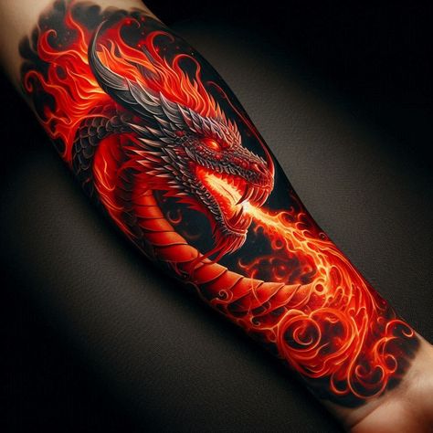 Elemental Tattoos, Fire Dragon Tattoo, Dragon Tattoo Realistic, Dragon Tattoo Forearm, Arm Tattoos Color, Dragon Hand Tattoo, Pinterest Tattoos, Arm Tattoos Drawing, Outer Forearm Tattoo