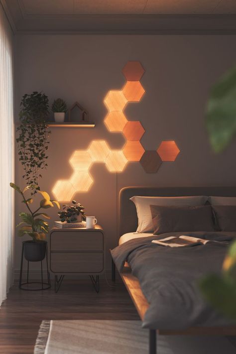 Modern Condo Bedroom with Nanoleaf Elements Wood Look Hexagons Nanoleaf Designs, Science Bedroom, Led Wand, Light Panels, Mood Lights, Interior Modern, House Room, Smart Lighting, Kit Homes