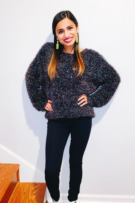 Sparkly Sweater Outfit, Sparkle Sweater Outfit, Winter Night Out Sweater With Sequins, Sparkly Skirt And Sweater, Winter Sequin Sweater, Sparkly Holiday Sweater, Blue Glitter Sweater, Glitter Sweater, Sparkly Sweater