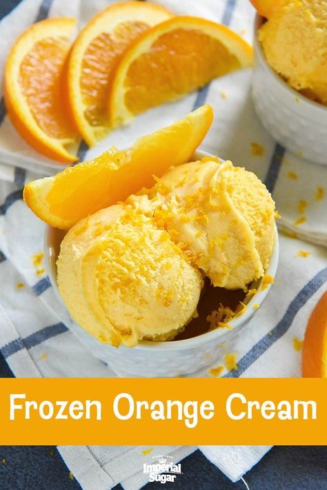 Frozen Orange Cream - Just 5 ingredients are all you need to make this light and refreshing #frozen #dessert #recipe. This quick and easy ice cream recipe first appeared in the Homemade Good News Cookbook in 1982. Cool and crisp #orange #citrus is paired with whipped cream and then frozen to create this perfect #summer special treat. For more frozen dessert recipes, visit www.imperialsugar.com. #imperialsugar #icecream #whippedcream Orange Creamsicle Ice Cream Recipe, Creamsicle Ice Cream Recipe, Vegan Mango Ice Cream, Cream Desserts Recipes, Orange Ice Cream, Easy Ice Cream Recipe, Mango Ice Cream, Frozen Dessert Recipe, Easy Ice Cream