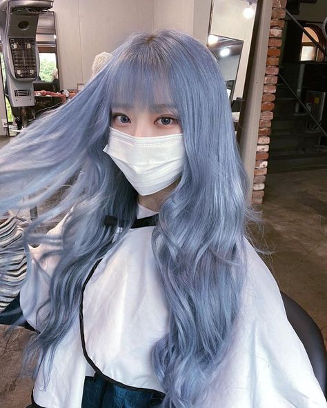 Ice Blue Hair Color, Korean Hair Dye, Ice Blue Hair, Silver Blue Hair, Peekaboo Hair Colors, Light Blue Hair, Korean Hair Color, Peekaboo Hair, Dyed Hair Inspiration