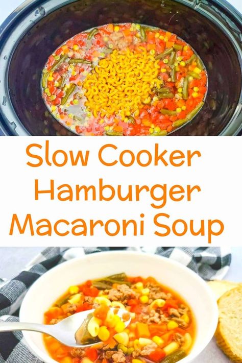 This Slow Cooker Hamburger Macaroni Soup is a tasty macaroni-based soup filled with hamburger, veggies, and spices. Soup Made With Hamburger, Beef Soup Crockpot, Hamburger Soup Crockpot, Hamburger Macaroni Soup, How To Cook Macaroni, Cheeseburger Soup Slow Cooker, Slow Cooker Hamburger, Slow Cooker Hamburger Soup, Hamburger Macaroni