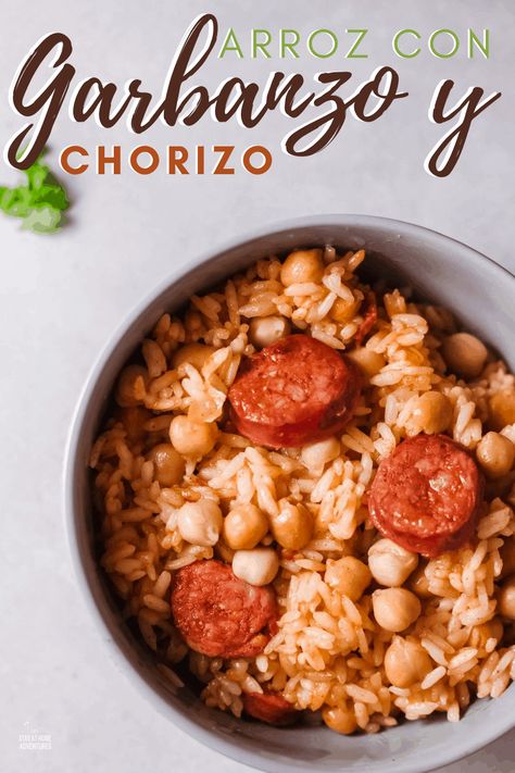 Arroz con chorizo y garbanzo (rice and garbanzo beans) is a flavorful combination of rice, sausage, and garbanzo beans. This easy dish is an inexpensive and delicious meal. via @mystayathome Garbanzo Bean Recipes, Sausage Rice, Beans And Sausage, Ragu Recipe, Main Dish Casseroles, Homecooked Meals, Homemade Dinner, Cabbage Recipes, Garbanzo Beans