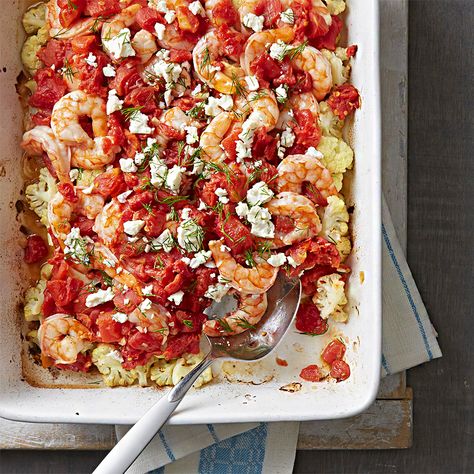 This quick and easy seafood casserole gets bright flavor from fresh dill and feta cheese. Meditranian Meals, Cauliflower Rice Casserole, Cauliflower Bake, Nutrisystem Recipes, Med Diet, Mediterranean Summer, Cauliflower Casserole, Easy Seafood, Baked Cauliflower