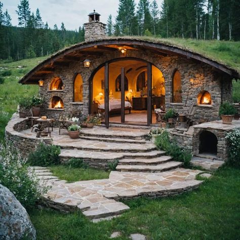 Hobbit House Plans Layout, Hobbit House Design, Stone Tiny House, Modern Hobbit House, Hobbit Architecture, Hobbit House Aesthetic, Underground Cabin, Garden Hobbit House, Hobbit Aesthetic Home