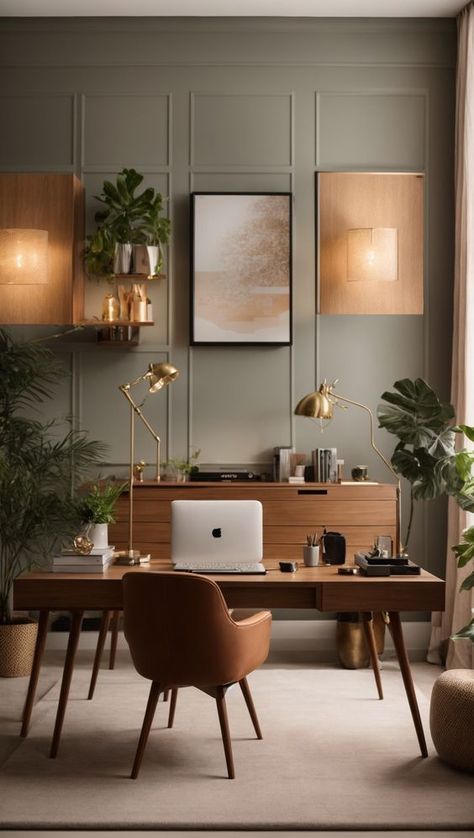 Small Cozy Office Space, Botanical Home Office, Earthy Office Design, Warm Office Design, Cozy Small Office, Earthy Office Decor, Home Office Inspiration Cozy, Calming Office Space, Home Therapy Office