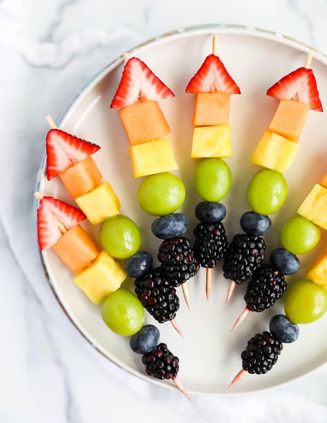 Rainbow Fruit Skewers - Planted in the Kitchen Fruit Kebabs Ideas Skewers, Fruit Kebabs Ideas, Potluck Brunch, Rainbow Fruit Kabobs, Vegan Party Snacks, Rainbow Fruit Skewers, Fruit Kebabs, Fruit Sticks, Festival Stage