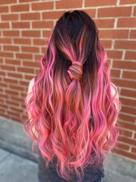 Dimensional Pink Balayage, Pink And Blue Balayage, Fantasy Color Balayage, Hot Pink And Blonde Hair, Pink Bayalage, Balayage Hair Brunettes, Hot Pink Balayage, Pink Balayage Brunette, Hair Spray Paint