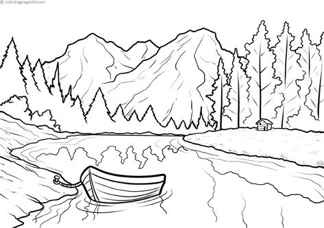 Coloring Pages Nature. Landscape, forest, mountains, sea, island Coloring Pages Mountains, Mountains Coloring Pages, Mountain And Sea Drawing, How To Draw A Lake, Nature Landscape Drawing Easy, Coloring Pages Landscape, Mountain Coloring Pages, Forest Drawing Easy, Nature Coloring Pages