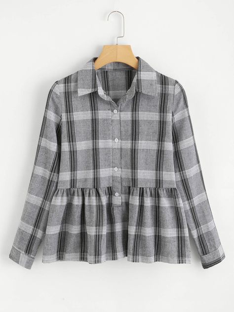 Casual Shirts Outfit, Tartan Blouse, Blouse Korean Style, Diy Clothes Hacks, Korean Blouse, Dress Babydoll, Tartan Shirt, Babydoll Blouse, Checked Blouse