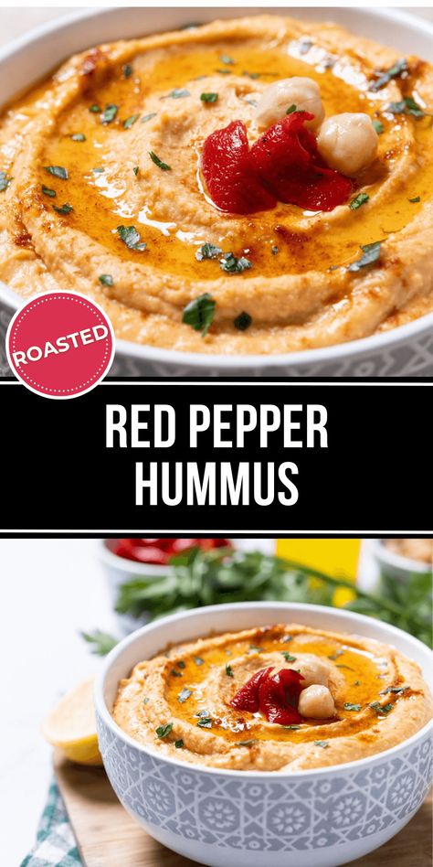 Roasted Red Pepper Hummus is an easy dip made of chickpeas, sesame paste, olive oil, and roasted red peppers. It goes great with chips or as a spread, and lasts up to five days in the fridge. Red Pepper Hummus Recipe, Red Pepper Dip, Sesame Paste, Pepper Hummus, Easy Dip, Roasted Red Pepper Hummus, Delicious Slow Cooker Recipes, Red Pepper Hummus, Easy Dips