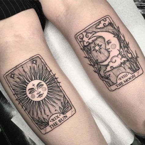 Sun And Moon Tattoos, Luna Tattoo, Matching Friend Tattoos, Moon Tarot Card, Tarot Tattoo, Tarot Card Tattoo, Moon Tattoos, Sun Tattoos, Bff Tattoos