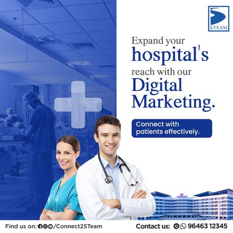 "We offer digital marketing services to the Hospitals, building patient's trust with informative content and increasing hospital walk-ins for better health." 👉 Brand Building 👉 Social Media Management 👉 Ad Management 👉 Video Ads & Hospital Shoots 👉 Web Development Contact us: 96463 12345 #STeam #STeamServices #STeamCreations #STeamOriginals #STeamWorks #STeamDigital #STeamMedia #STeamInfra Hospital Social Media, Hospital Ads, Building Social Media, Health Brand, Digital Healthcare, Hospital Marketing, Healthcare Marketing, Marketing Poster, Strategic Marketing