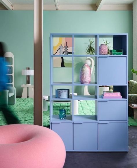 Tylko on Instagram: "@helene_rebelo’s perfect pastel interior (and Sky Blue storage) is the stuff technicolour dreams are made of." Vibey Living Room, Colorful Bookshelves, Maximalism Decor, Pastel Interior Design, Living Room Storage Cabinet, Pastel Interior, Maximalist Interior, Colorful Storage, Shelf Furniture