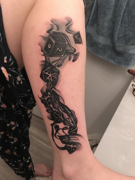 Got this awesome dnd related tattoo from Garrett Gosch at the Black Orchid Tattoo in Savannah GA Boardgame Tattoo Ideas, Dnd Sleeve Tattoo, Meeple Tattoo, Tattoos Dnd, D&d Tattoo Ideas, Dnd Dice Tattoo, Dnd Tattoo Designs, D&d Tattoo, Dnd Tattoo Ideas