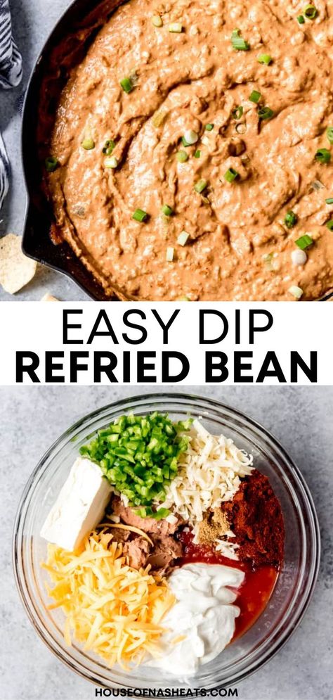 Who doesn't love a good dip?! This Refried Bean Dip recipe comes together in just minutes and everybody always swarms when it's set out at a party next to a big bowl of tortilla chips! Make it as mild or spicy as you like, then step back and watch your family and friends devour this fantastic dip! | easy refried bean dip recipes | easy bean dip with refried beans | hot easy refried bean dip easy Bean Dip From Canned Refried Beans, Cheese Bean Dip Recipes, Copycat Frito Lay Bean Dip, Jalapeno Bean Dip, Cold Bean Dip Recipes, Fritos Bean Dip Recipe, Refried Black Bean Dip, How To Make Bean Dip, Mexican Bean Dip Recipes