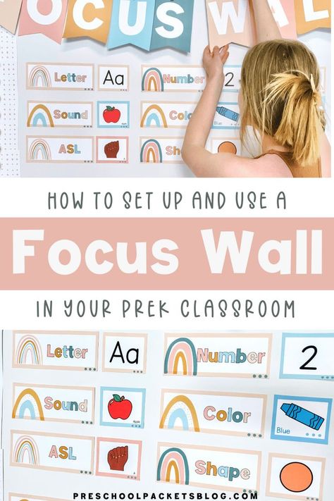 Want to add a focus wall to your circle time routine? This boho rainbow focus wall is perfect for creating a fun and inviting learning area for your preschool classroom! Circle Time Routine, Preschool Room Decor, Preschool Set Up, Circle Time Board, Daycare Spaces, Focus Boards, Preschool Prep, Boho Rainbow Classroom, Teachers Room