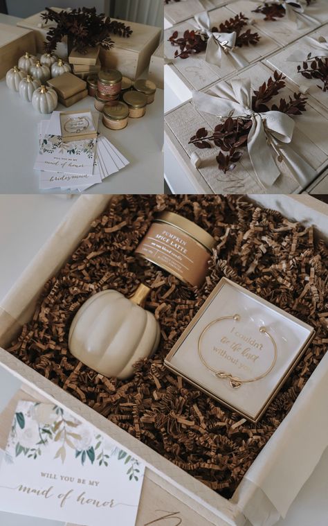 Fall Bridesmaid Gift Boxes, Fall Bridesmaids Proposal Ideas, Bridesmaid Proposal Fall Theme, Bridesmaid Proposal Halloween, Bridesmaid Basket Ideas, Fall Bridesmaid Proposal, Rustic Bridesmaid Proposal, Bridesmaid Basket, Boho Bridesmaid Proposal