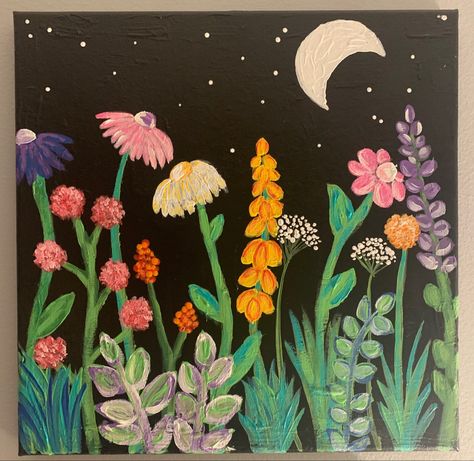 Easy Wild Flower Painting, Mini Mural Ideas, Art Parties, Blackboard Art, Black Canvas Art, Wildflower Paintings, Acrylic Art Projects, Black Paper Drawing, Simple Canvas Paintings