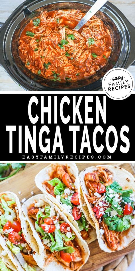 YUM! Chicken Tinga Tacos are the most delicious taco you didn't know you could make in a crockpot AT HOME! These are PACKED with flavor and ridiculously delicious. The flavor of smoked chipotle peppers combines with rich tomato sauce, seasonings with tender chicken breast for a restaurant style tacos. You can serve straight from the slow cooker. This may be the BEST crockpot chicken recipe we have ever had. Taco Tuesday just got much more delicious! Chicken Tinga Tacos Recipe, Tinga Tostadas, Tasty Tacos Recipe, Chicken Tinga Tacos, Aesthetic Chicken, Tinga Recipe, Best Crockpot Chicken, Chicken Tinga Recipe, Tinga Tacos