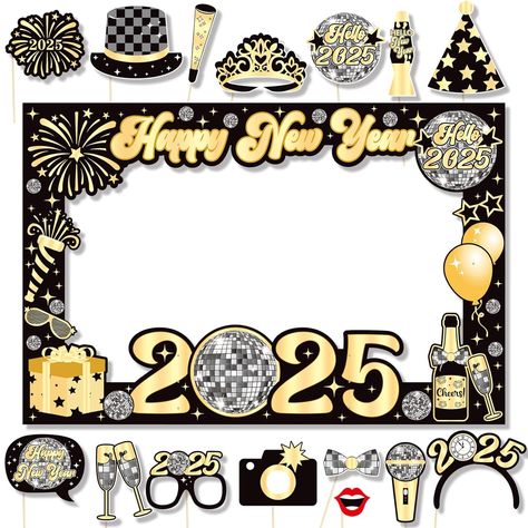 32 New Year's photo booth props & a large (24x36") frame.  High-quality cardstock, easy assembly. Perfect for festive photos! New Years Photo Booth Props, New Year Frame Photo Booth, Happy New Year 2024 Photo Frame, Happy New Year Photo Frame, Happy New Year Decoration Ideas, Happy New Year Frame, New Years Photo Booth, New Year Photo Frame, New Year Photo Booth