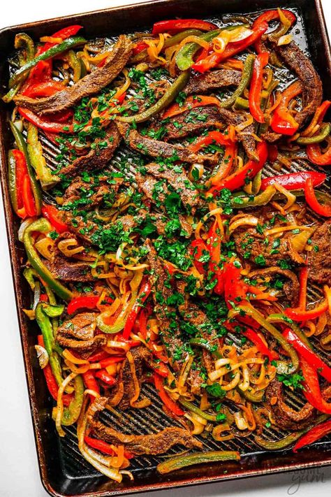 Sheet Pan Fajitas (Steak Or Chicken) - Wholesome Yum Pan Oven Recipes, Fajitas Steak, Taco Bar Ideas, Sheet Pan Steak, Chicken Bell Peppers, Sheet Pan Fajitas, Pan Fajitas, Steak Fajita Recipe, Pan Steak