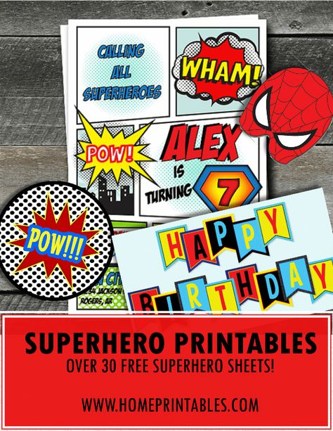 Planning a superhero themed birthday celebration? Get these over 30 sheets of free superhero party printables for your next party! Superhero Arts And Crafts, Superhero Event, Superhero Printables Free, Superhero Party Printables, Batman Invitations, Superhero Printables, Superhero Cupcake Toppers, Home Printables, Superhero Party Favors