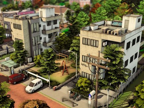 The Sims 4 Community Lot, Sims 4 Apartment Exterior, Sims 4 Realistic Apartment, Ts4 Apartment Building, Sims 4 Community Lots No Cc, Sims 4 Neighborhood Lot, Cc Lots Sims 4, Sims 4 Playground, Sims 4 Building Ideas