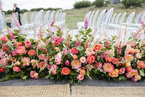 Floral Hedge, Summer Ranch Wedding, Pink Veronica, Event Flower Arrangements, Pink Larkspur, Wedding Ceremony Aisle, Bright Pink Wedding, Coral Wedding Flowers, Coral Charm Peony