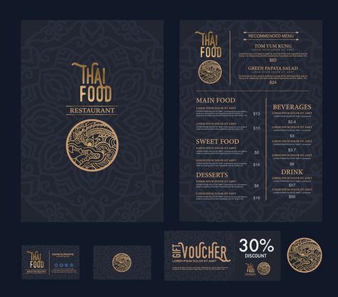 Download Thai food menu cover vector in EPS format. Cover,food,Menu,thai Vector Card and more resources at freedesignfile.com Thai Mat, Thai Food Restaurant, Thai Food Menu, Menu Design Layout, Menu Cover Design, Thai Menu, Restaurant Menu Covers, Restaurant Logos, Food Logo Design Inspiration