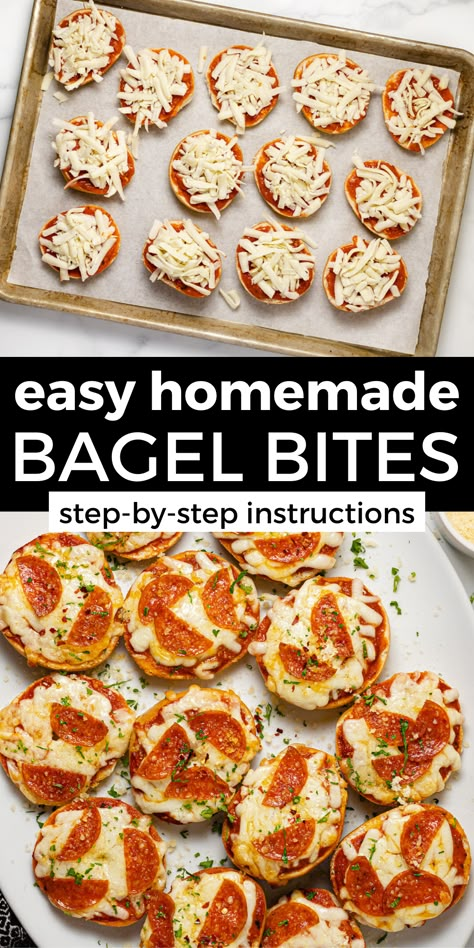 Homemade Bagel Bites, Mini Bagel Bites, Pizza Bagel Bites, Mini Bagel Pizza, Bagel Bites Recipe, Bagel Pizza Recipe, Pizza Bagel, Mini Bagels, Bagel Bites