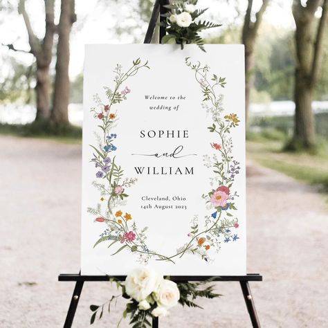 Welcome Easel Wedding, Wedding Decor Garden Theme, Summer Wedding Signs, Pastel Wedding Welcome Sign, Wildflower Wedding Sign, Spring Wedding Signs, Wildflower Wedding Signage, Wildflower Rustic Wedding, Dainty Wedding Decor