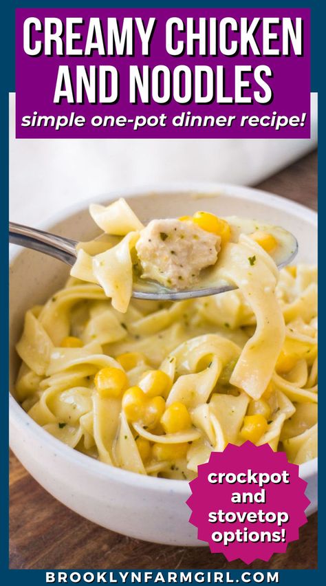 a bowl of creamy pasta with chunks of chicken and corn Creamy Egg Noodles, Creamy Chicken And Noodles Recipe, Chicken And Noodles Recipe, Creamy Chicken And Noodles, Chicken And Egg Noodles, Noodle Dinner, Egg Noodle Recipes, Chicken And Noodles, Cream Of Broccoli