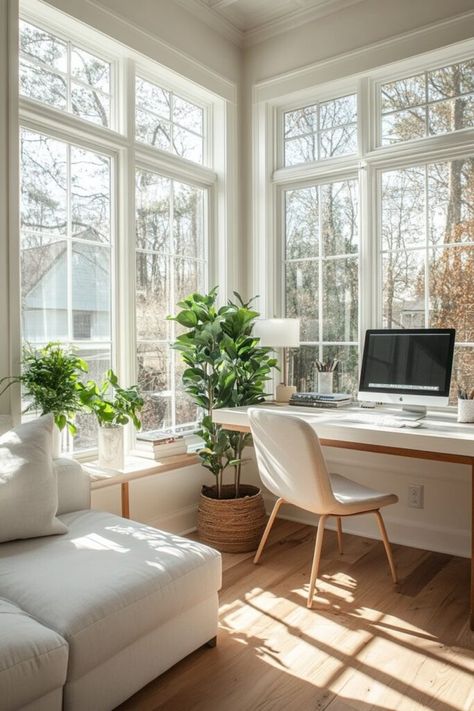 The Bright and Airy Workspace makes the most of natural light, reflecting a vibrant and open small cabin office environment. Tap here for more airy workspace ideas. Sunroom Ideas Office, Sunroom With Office Space, Sunroom Ideas Apartment, Sunroom Office Ideas Small Spaces Cozy, Home Office In Conservatory, Sunroom Study Room, Sun Porch Office, Open Space Home Office, Small Sunroom Office Ideas