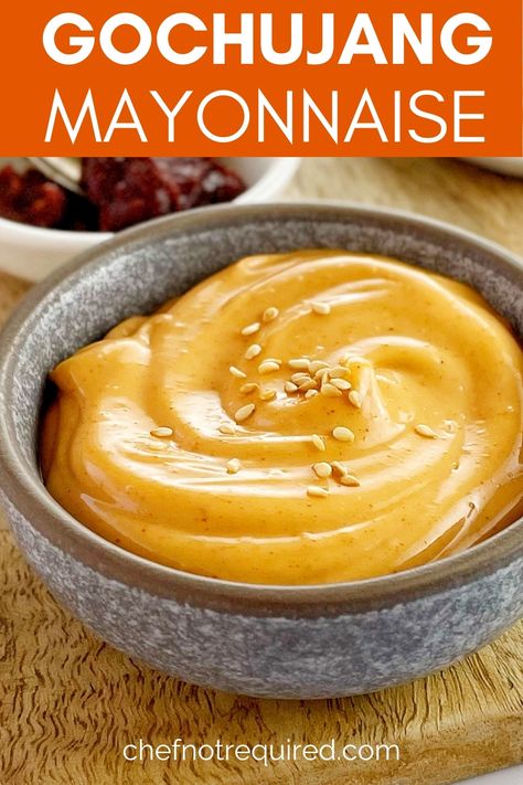 This is my easy version of gochujang mayo sauce. It's a creamy, spicy condiment that makes the perfect dipping sauce for almost anything. Combining kewpie mayonnaise and hot gochujang paste to make a delicious spicy mayo, this recipe is fast and you can easily control the spice level yourself to suit your taste. #chefnotrequired #gochujang #gochujangmayo #spicymayo Gochujang Mayo, Asian Sauce Recipes, Spicy Mayo Recipe, Gochujang Paste, Gochujang Recipe, Honey Sriracha Sauce, Kewpie Mayonnaise, Yum Sauce, Spicy Dipping Sauce