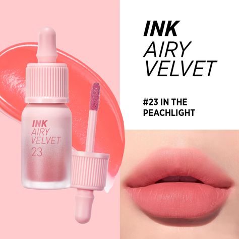 peripera ink airy velvet in shade #23 in the peachlight warm tone and cool tone Ink Airy Velvet Lip Tint, Ink Airy Velvet, Cartoon Coral, Peripera Ink Velvet, Ink Velvet, Velvet Lip Tint, Gradient Lips, Lip Tints, Makeup Bag Essentials