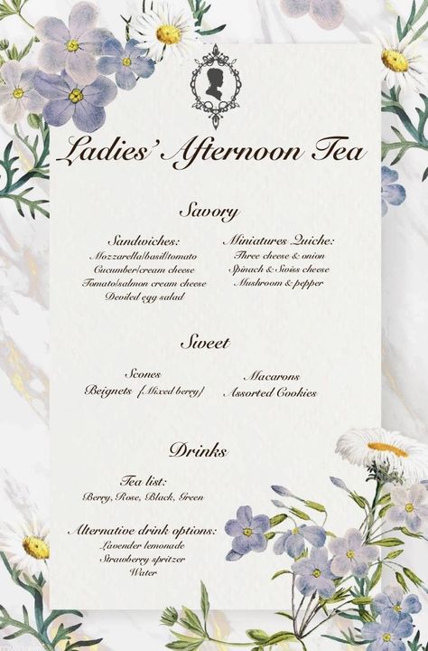 Ladies Afternoon Tea Party, Bridgerton Menu Ideas, Afternoon Tea Menu Design, High Tea Menu Design, English Tea Party Aesthetic, Bridgerton Themed Tea Party, Bridgerton Tea Party Food, Bridgerton Party Food Ideas, Bridgerton Themed Food