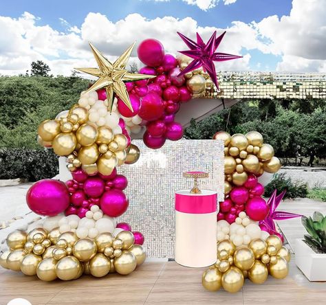 Pink And Gold Balloon Garland, Gold Balloon Garland, Hot Pink And Gold, Star Balloons, Real Photography, 30th Birthday Party, Pink Chrome, Mothers Day Decor, Balloon Kit