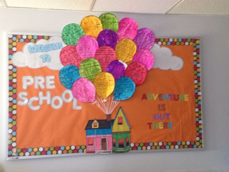 Welcome to preschool "Up" bulletin board Preschool Bulletin Board Ideas Welcome, Welcome To Prek Bulletin Board, Welcome Board For Preschool, Family Bulletin Board Ideas Preschool, Bullent Boards Ideas Classroom Decor, Welcome To Preschool Bulletin Boards, Preschool Welcome Board, Spring Classroom Decorations, Up Bulletin Board