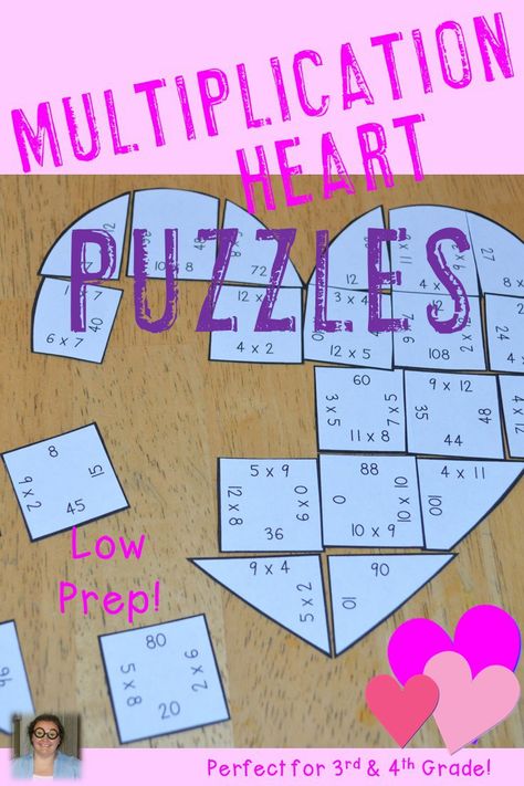 Valentine's Day Multiplication Heart Puzzles - These puzzles are perfect for math centers during Valentine's Day week. Each of the three puzzles will have students answer 36 different multiplication problems from 0x0 to 12x12. They're perfect for third or fourth grade students (or 5th graders who need review). Use them for early or fast finishers, review, enrichment, GATE, critical thinking, centers, and more! Click through to pick yours up today! $ {3rd or 4th grade} Multiplication Math Centers, Math Valentines, Math Crafts, Fast Finishers, Math Multiplication, Math Intervention, Math Activity, Third Grade Math, Math Methods